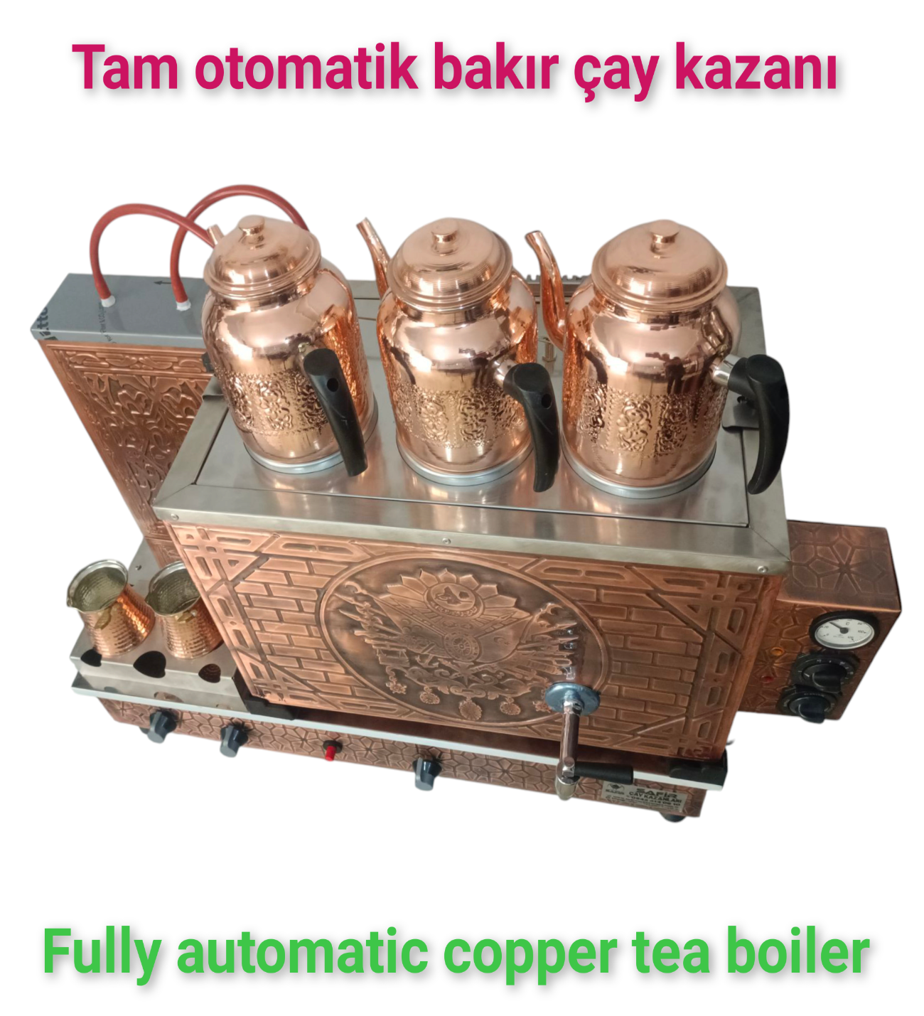 3 gözlü Bakır Tam Otomatik Çay Kazanı Elektrik + doğalgazlı Ce Belgeli ve  Gazmer açılış onaylı Tam Dijital çakmaklı Prizma Alt Tabanlı Tam otomatik çay kazanı. görsel 4