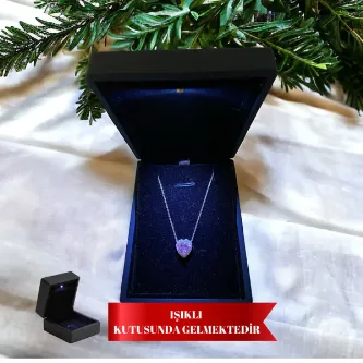 ZEY GÜMÜŞ Işıklı Kutuda Pembe Zirkon Taşlı Kalp & Halo Tektaş Gümüş Kolye