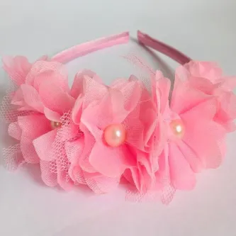 SavBrand Pembe Şifon Çiçekli Saten Kaplama Düğün Nikah Nişan Gelin Ve Kız Çocuk Tacı