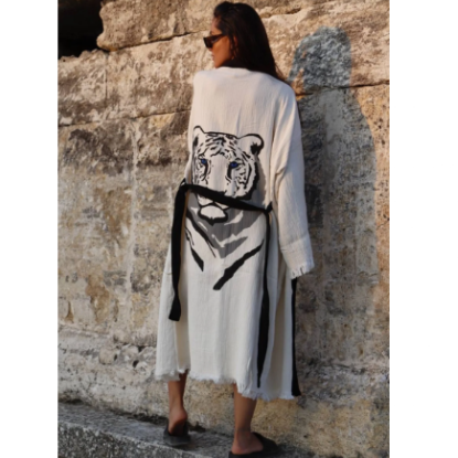 Befera Design Müslin Kimono %100 Pamuklu Kaplan Baskılı Desenli Bornoz Kaftan Sabahlık