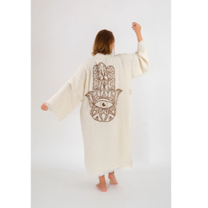 Befera Design Müslin Kimono %100 Pamuklu Fatma Ana Eli Baskılı Desenli Bornoz Kaftan Sabahlık