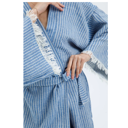 Befera Design Müslin Kimono %100 Pamuklu Çizgili Bornoz Kaftan Sabahlık