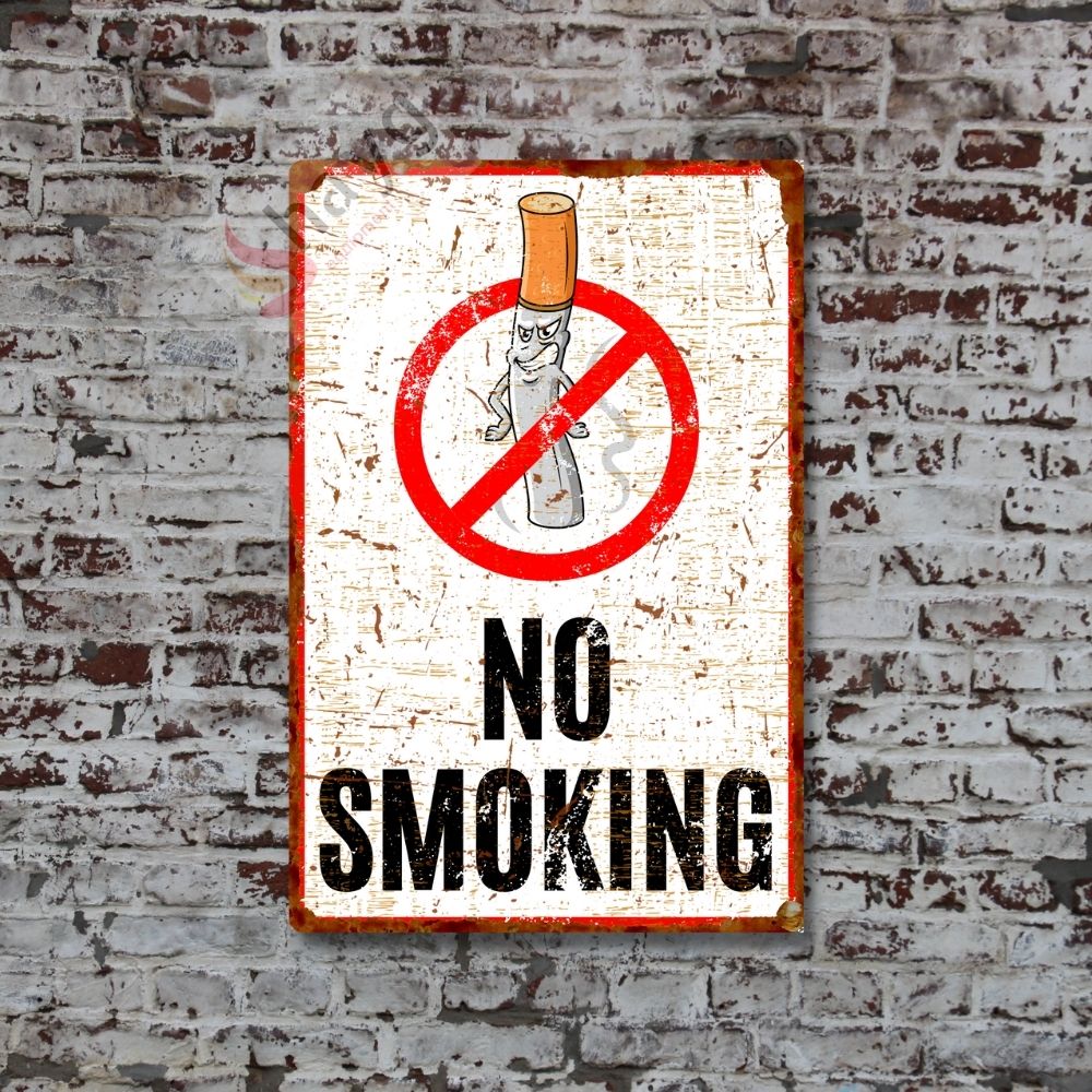 Sinsi Gülüş Karikatürlü No Smoking, Pas Görünümlü Sigara içmek Yasaktır Metal Tabela 15cm x 22,5cm görsel 5