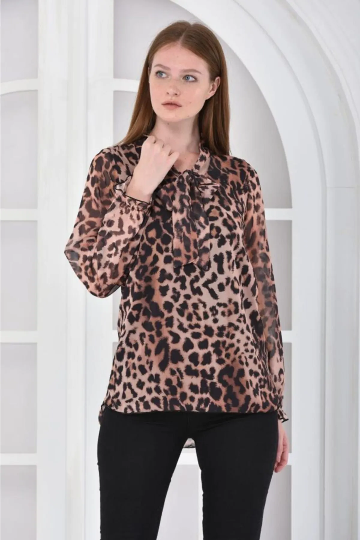 Modkofoni Leopar Desenli Astarlı Kahverengi Tül Kadın Bluz görsel 2