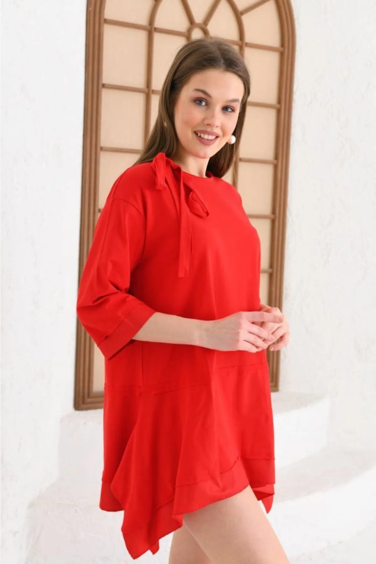 Modkofoni Bisiklet Yaka Mini Kırmızı Kadın Elbise görsel 4