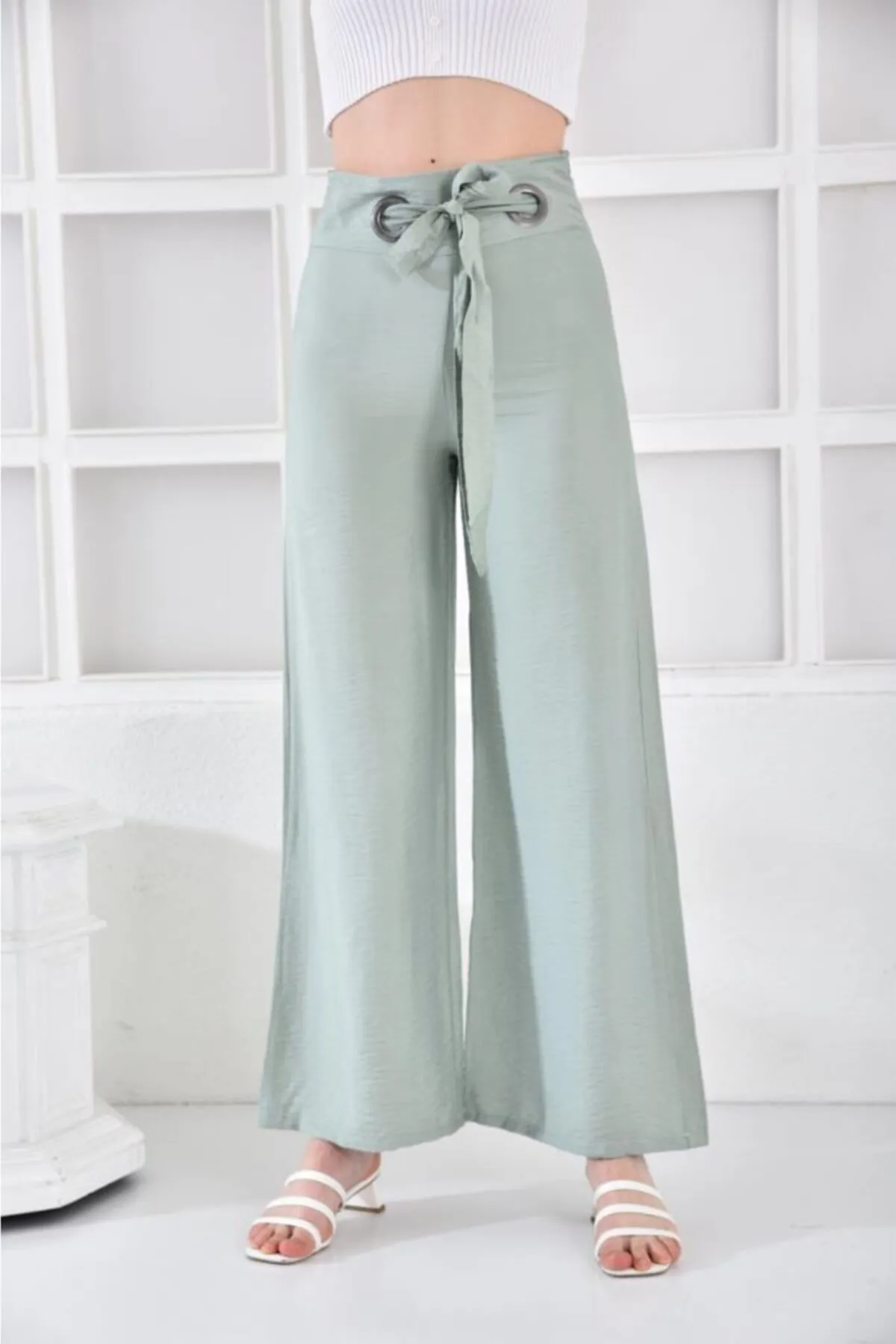 Modkofoni Halkalı Bol Paça Bağcıklı Mint Yeşili Keten Kadın Pantolon görsel 4
