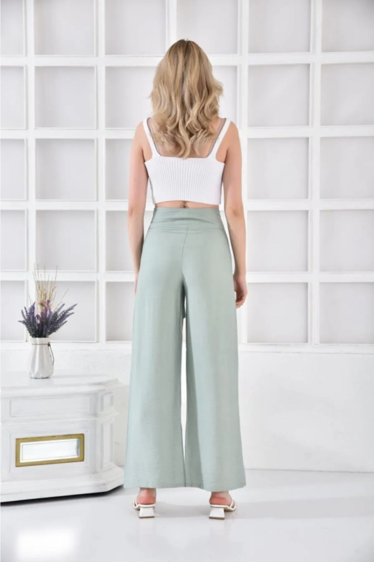 Modkofoni Halkalı Bol Paça Bağcıklı Mint Yeşili Keten Kadın Pantolon görsel 5