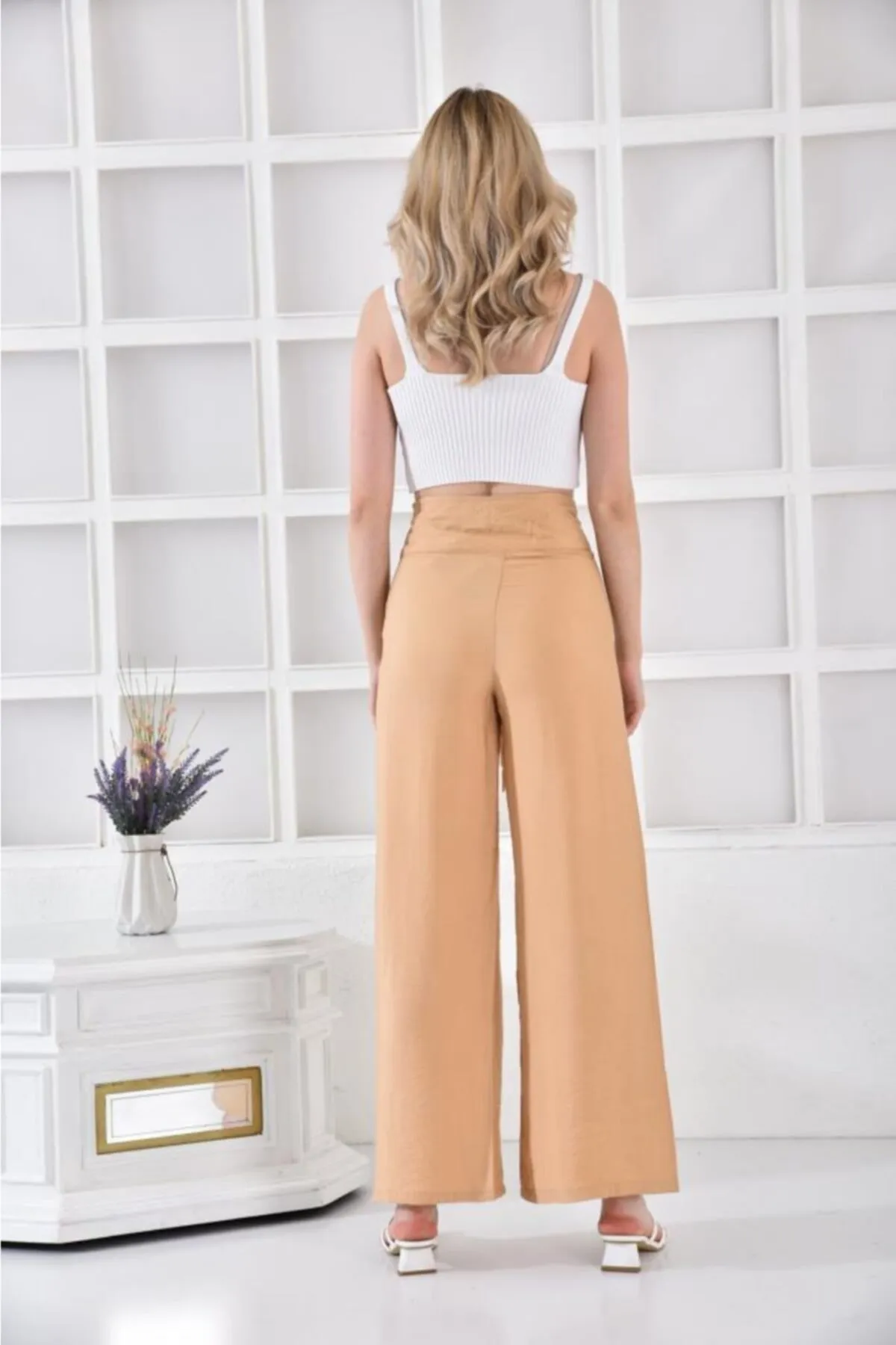 Modkofoni Halkalı Bol Paça Bağcıklı Camel Keten Kadın Pantolon görsel 5