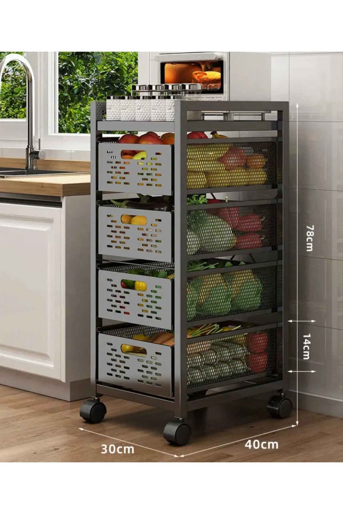 TRENDESK DESIGN 4 Katlı Lux Metal Siyah Çekmeceli Patates Soğan Sebze Meyve Sepeti Sebzelik 1008-CN görsel 2