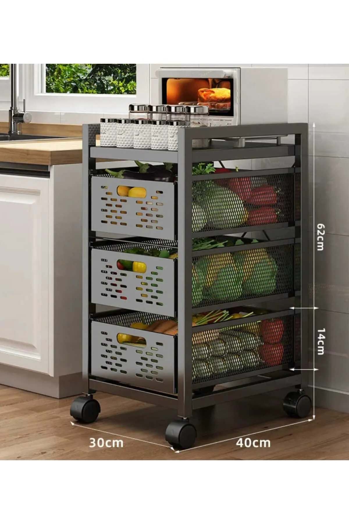 TRENDESK DESIGN 4 Katlı Lux Metal Siyah Çekmeceli Patates Soğan Sebze Meyve Sepeti Sebzelik 1008-CN görsel 5
