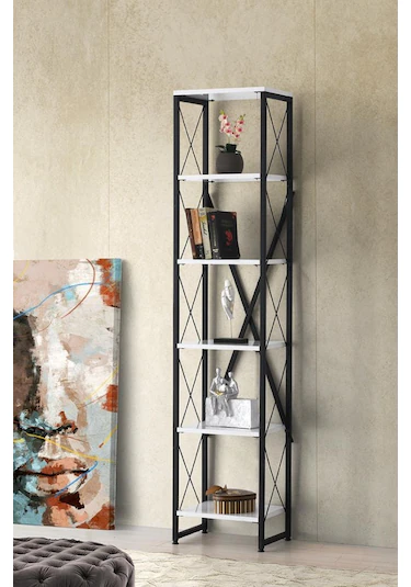 Sivas Gözde Mobilya Ferforje Beyaz Ahşap 5 Raflı Kitaplık 40x30x180