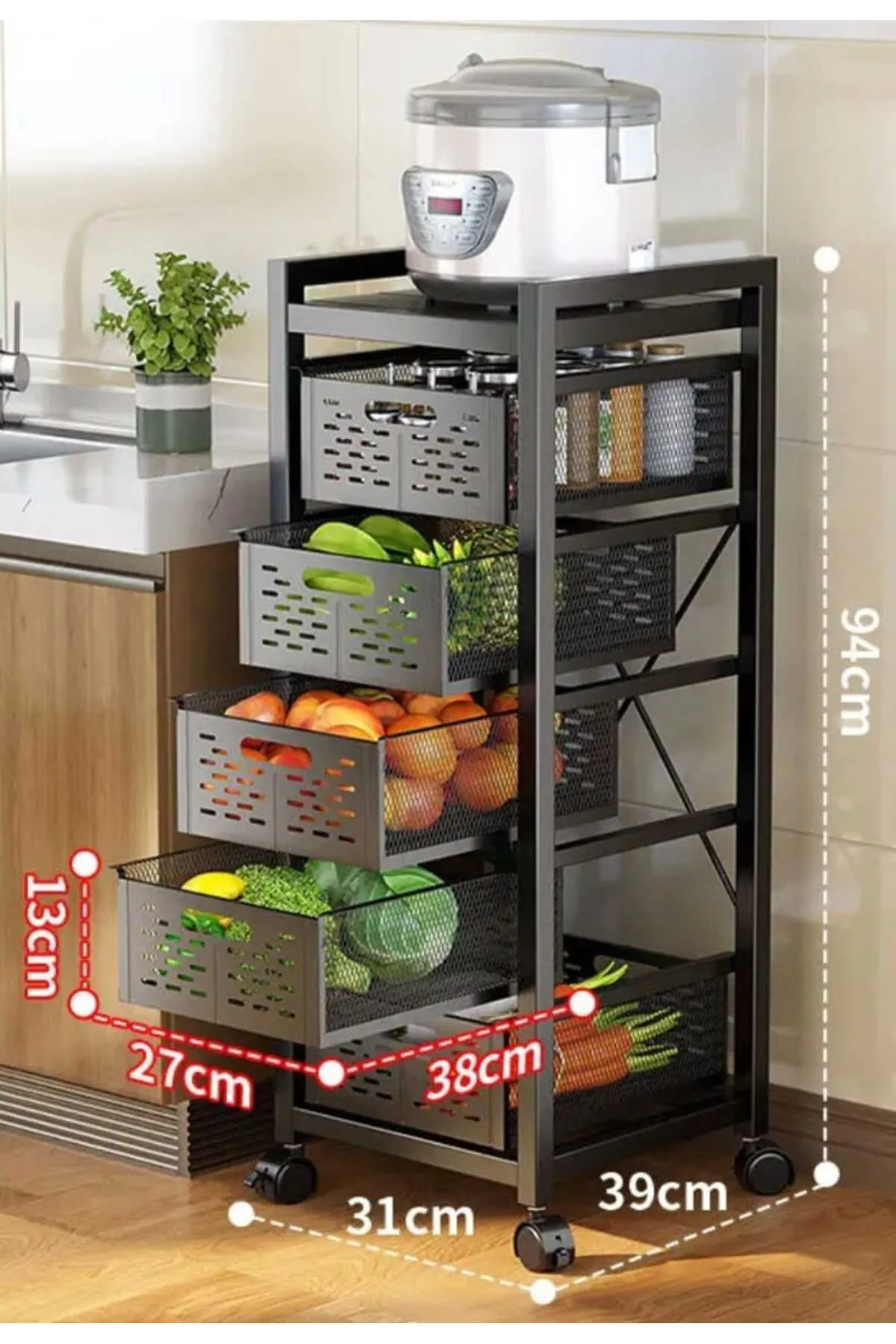 TRENDESK DESIGN 5 Katlı Lux Metal Siyah Çekmeceli Patates Soğan Sebze Meyve Sepeti Sebzelik 1006-CN görsel 4