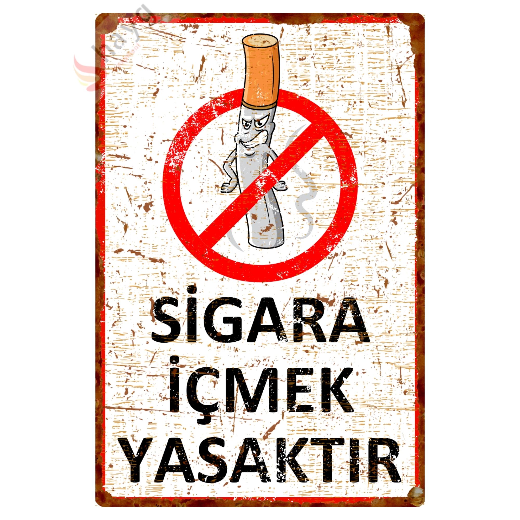 Sinsi Gülüş Karikatürlü Sigara İçmek Yasaktır, Pas Görünümlü Metal Uyarı Levhası 15cm x 22,5cm görsel 3