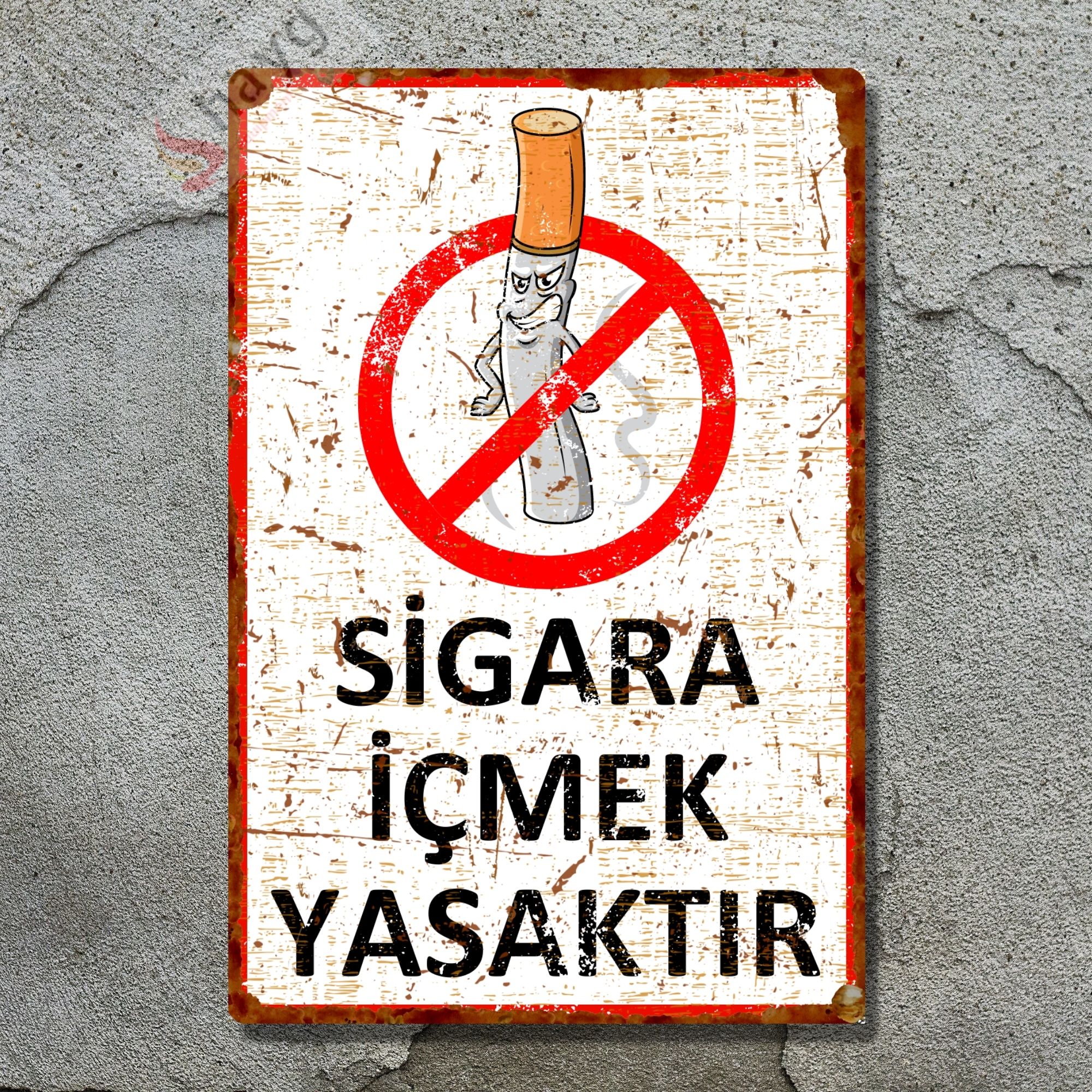 Sinsi Gülüş Karikatürlü Sigara İçmek Yasaktır, Pas Görünümlü Metal Uyarı Levhası 15cm x 22,5cm görsel 5