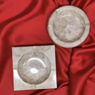 Pergamon 2'li Set Bej Mermer Kare Ve Yuvarlak Küllük Kül Tablası