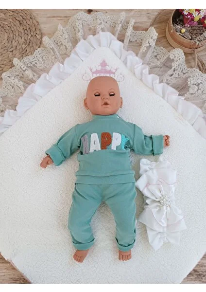 Exporanto Yenidoğan Wool Yün Kumaş Taç Nakışlı Güpür Duvaklı Fiyonk Prizma Taş Unisex Kundak Bebek Battaniyesi görsel 4