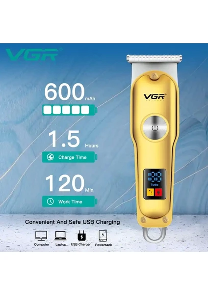 Exporanto Vgr V-290 Altın T Bıçak Sıfır Kesim LCD Ekran Şarjlı Tıraş Makinesi görsel 3
