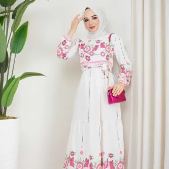 Butik Ayvitrin Kadın Otantik Çiçek Desen Keten Linen Tesettür Elbise