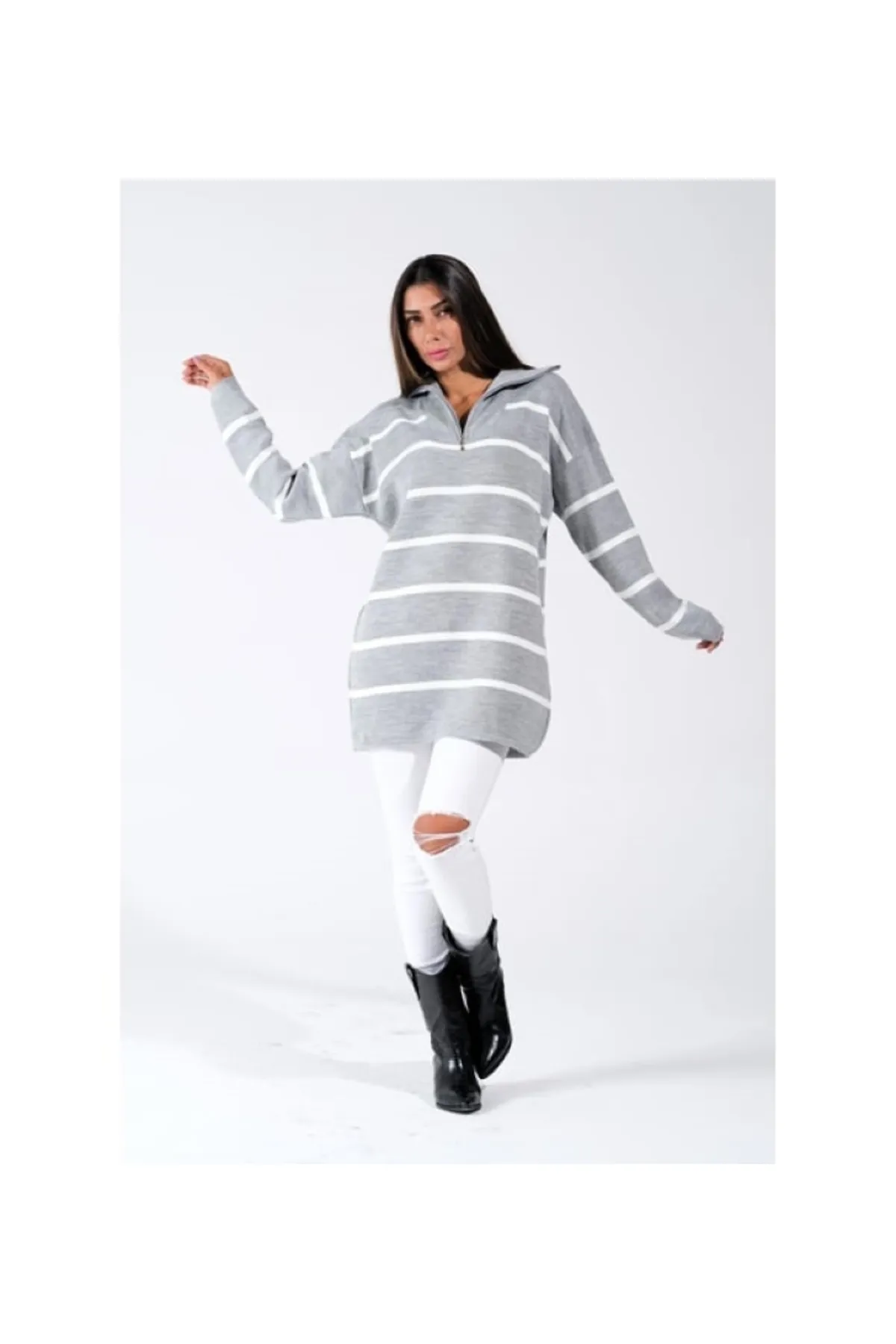 GButik's Fermuarlı Çizgili Triko Tunik görsel 2