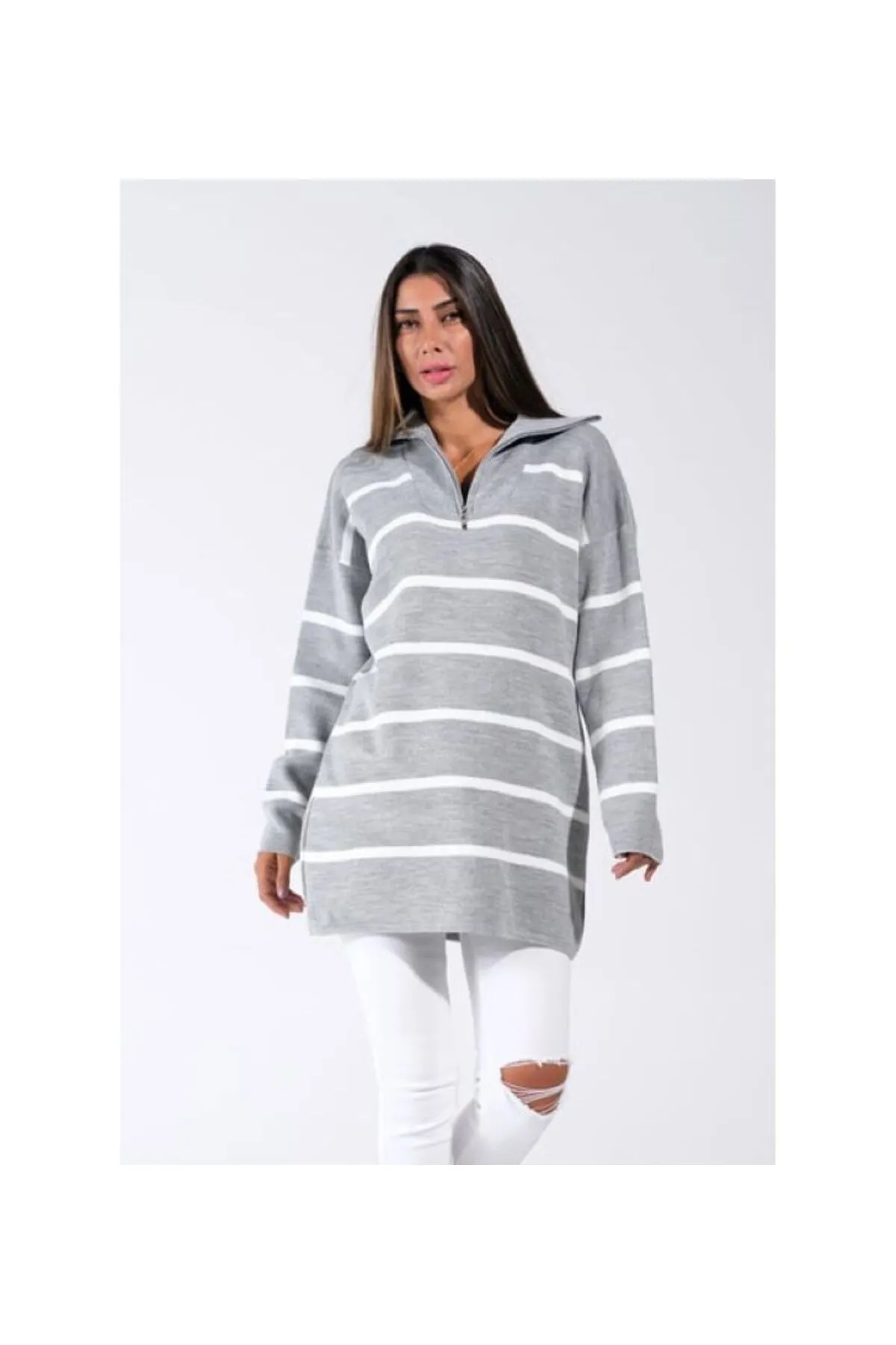 GButik's Fermuarlı Çizgili Triko Tunik görsel 3