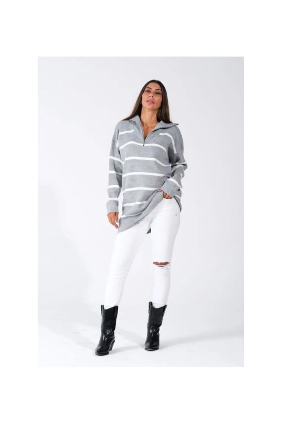 GButik's Fermuarlı Çizgili Triko Tunik görsel 4