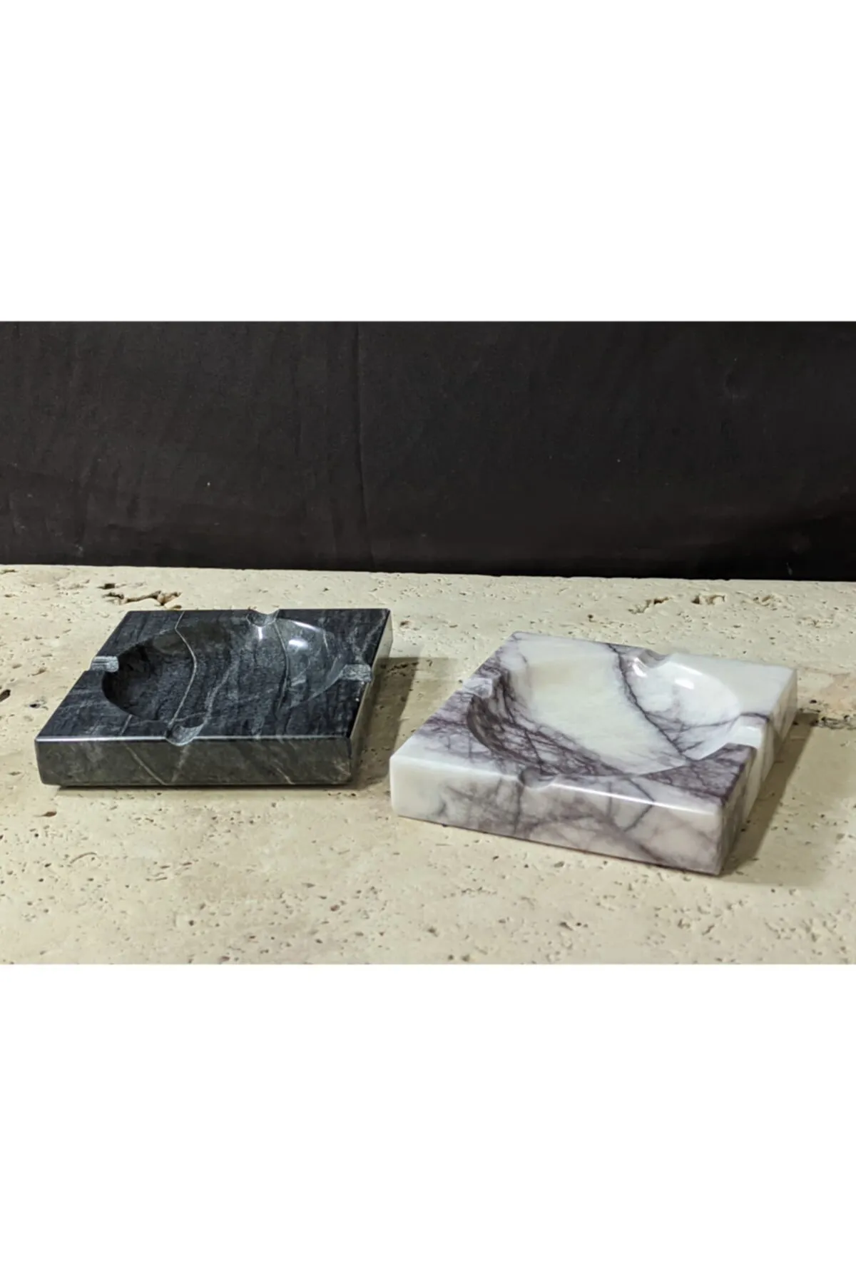 Pergamon Koyu Gri Ve Leylak Beyaz Kül Tablası 2'li Set Gerçek Mermer görsel 2