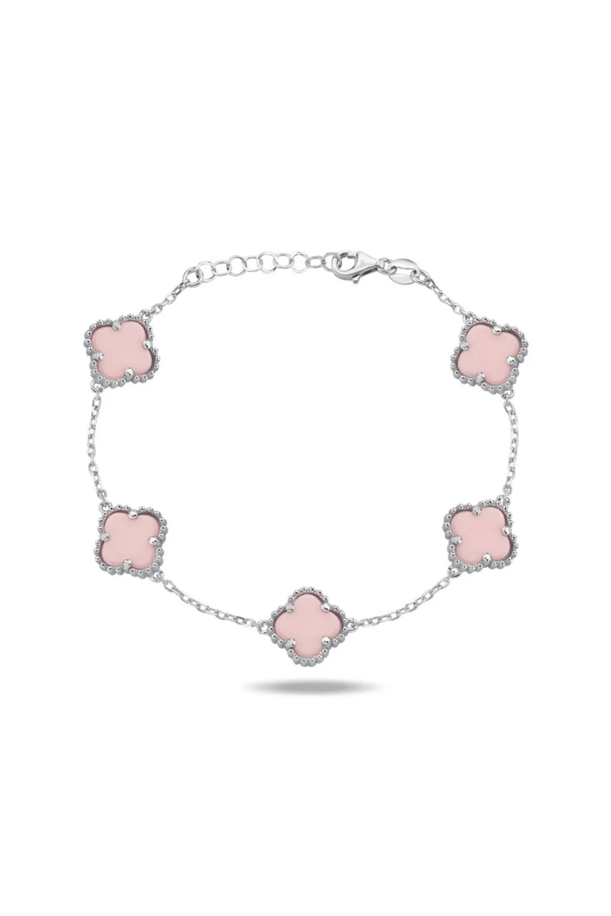 ZEY GÜMÜŞ UNISEX ÇOKLU YONCA  PEMBE SERAMİK TAŞLI 925 AYAR BİLEKLİK görsel 2