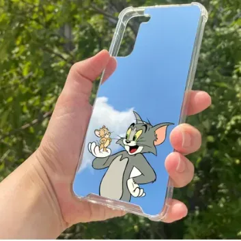 Exporanto Samsung S21 Plus Uyumlu Aynalı Tom ve Jerry Desenli Darbe Kamera Korumalı Silikon Telefon Kılıfı