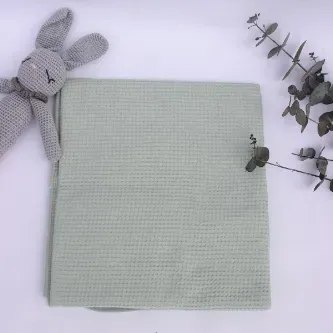 Huggy Mommy Yeşil Bebek Battaniyesi 80x90 Cm %100 Pamuk Waffle Kumaş Nefes Alan Antialerjik Yenidoğan Battaniye