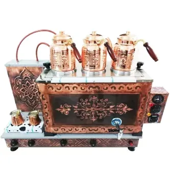 SAFİR ÇAY KAZANLARI   3 demlikli Bakır çay ocağı 3 Gözlü Bakır Çay Kazanı Elektrik + Tüplü Bakır Çay Semaveri ETS sistemli
