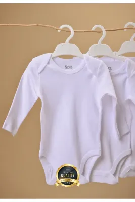 Huggy Mommy Premium %100 Organik Pamuk Beyaz Uzun Kol Bebek Body Zıbın Çıtçıtlı Bebek Badi 3'lü Set - Hediyeli