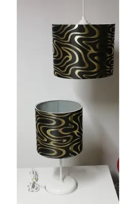 Tekay Aydınlatma Gold Siyah zebra avize abajur seti