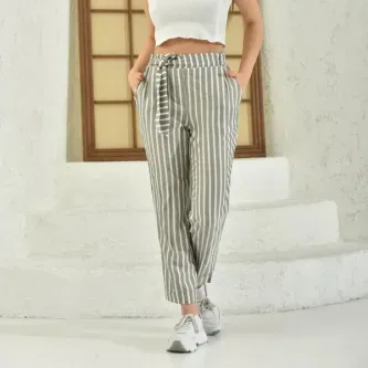 Modkofoni Belden Lastikli Kuşaklı Çizgili Gri Kadın Bilek Pantolon