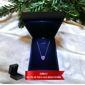 ZEY GÜMÜŞ Işıklı Kutuda Pembe Zirkon Taşlı Kalp & Halo Tektaş Gümüş Kolye