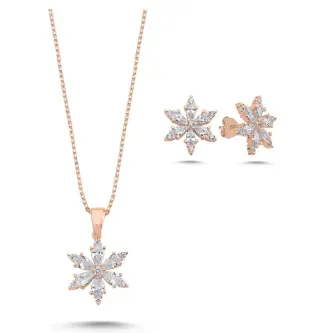 ZEY GÜMÜŞ Lotus Çiçeği Damla Zirkon Taşlı Set Kolye,Küpe 925 Ayar Gümüş