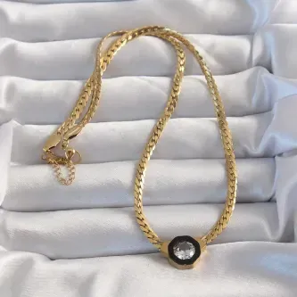 BUTİK AYVİTRİN 316L Çelik Gold Renk Ezme Zincir Zirkon Taşlı Mineli Serenay Kolyesi