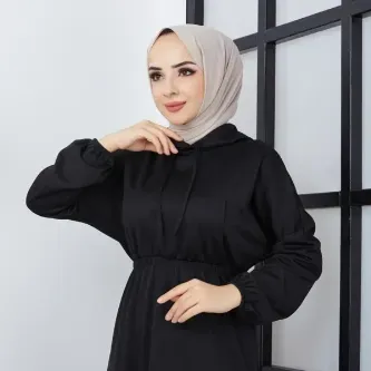 BUTİK AYVİTRİN Kadın Scuba Krep Elbise Kapüşonlu Siyah