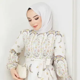 BAV Butik Ayvitrin Kadın Otantik Muz Desen Keten Linen Tesettür Elbise