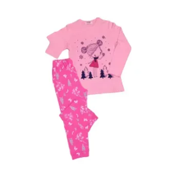 VİTRİN24 Newteam Kız Desenli Pamuklu Uzun Kollu Pijama Takımı, Pembe